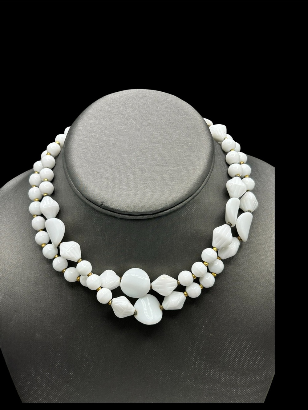 Vintage Signed Miriam Haskell Long Milk Glass Bead Necklace